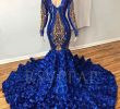 Jardin Royal Génial Royal Blue Mermaid Longues Robes De Bal 2020 Exclusive Dentelle D or Fleurs 3d   Manches Longues Afrique Noire Fille Robe De Bal